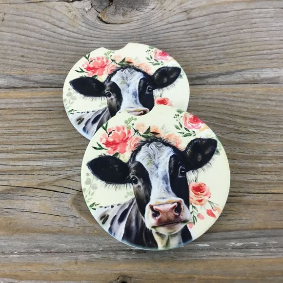 Floral Holstein Cow Car Coasters, Set of 2 - Picture 1 of 7